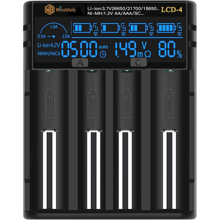 Зарядний пристрій LCD для акумуляторів 18650 з USB Power Bank 2A, для Li-ion/Ni-MH (14500, 16340, 18650, 20700, 21700, 26650, AA, AAA)