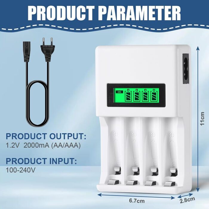 Зарядний пристрій для акумуляторів AXFEE: універсальна зарядка 2000mAh з LCD-дисплеєм, 4 слоти для AA/AAA акумуляторів