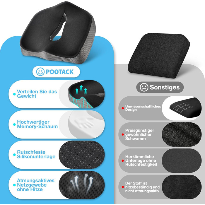 Подушка для сидіння POOTACK - для офісного крісла та авто, комфорт, піна з пам'яті, дизайн з отворами та U-подібною формою, чорний