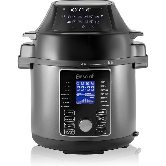 Мультиварка Saaf з Airfryer – 15-ти частинний набір, 24 програми – мультиварка, рисоварка, пароварка, сковорода-каструля – 6л – з корзиною, каструлею та кулінарною книгою – цифровий дисплей