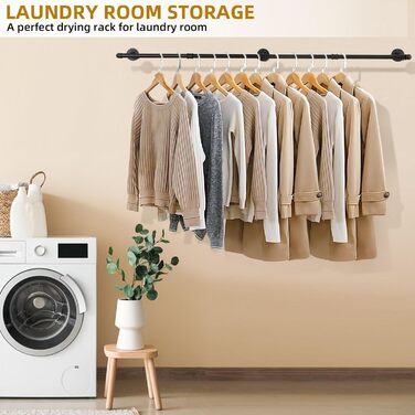 Yawinhe Industrial Pipe Clothes Rails, 180cm Clothes Rack for Wall, Space-Saving Wall Shelf Kitchen Shelf with 3 Bases, for Business, Black, 1-Pack, YMG004