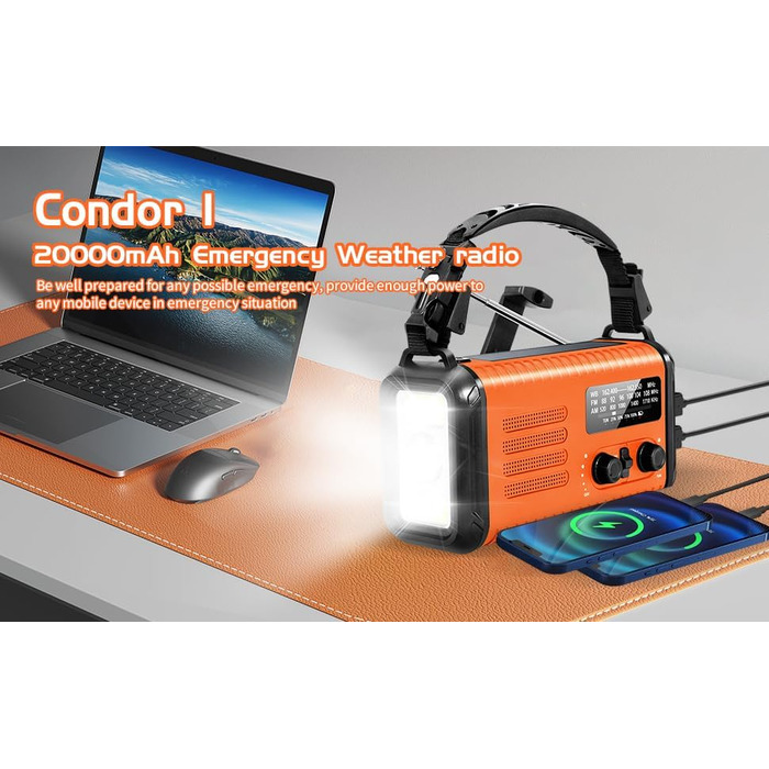Радіо на сонячних батареях Notfallradio з ручним генератором, 20000mAh, AM/FM, ліхтарик, SOS, зарядка для телефону - помаранчеве