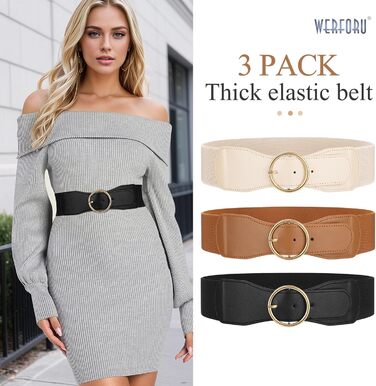 Еластичний пояс для жінок WERFORU 3 шт. Широкий ремінь для сукні, чорний+коричневий+бежевий, розмір M (73-82 см)