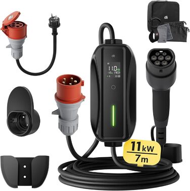 Мобільна зарядна станція для електромобілів Dé 11 кВт (3 фази, 7м, 6-16A) з регулюванням потужності, кабель CEE 16A на Typ 2, сумісна з Model Y/3, ID.3/4/5, MG4, EX30, e-up, e-tron, Zoe та іншими електромобілями