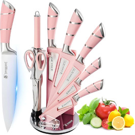 Набір кухонних ножів 9 шт. з поворотним блоком з акрилу, професійний набір кухонних ножів з нержавіючої сталі, з точилкою, подарунок для сім'ї (рожевий)