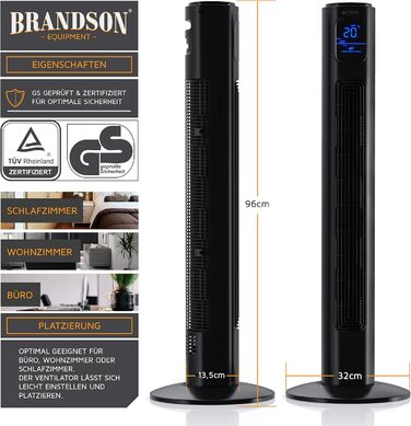 Вентилятор підлоговий Brandson з дистанційним керуванням, 96 см, тихий, з осциляцією, 3 швидкості, 3 режими, таймер, сертифікат GS, сірий (A: Космос Чорний)