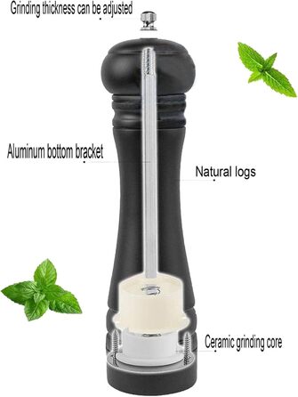 Salt and pepper grinder, wooden pepper grinder set salt pepper mill kit manual mills solid with strong adjustable ceramic grinding mechanisms 2 pieces 8 inch (K 2 Black)