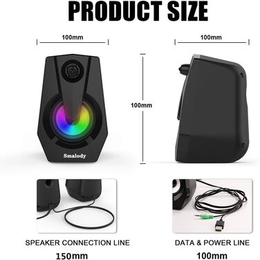 Комп'ютерні колонки Smalody з RGB підсвічуванням, 2-в-1 Bluetooth Soundbar, стерео звук для ПК (9015, чорний)