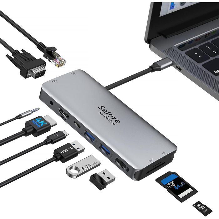 Док-станція USB-C для ноутбука з підтримкою 2 моніторів 4K, 13 в 1, з DisplayPort, HDMI, USB3.1, RJ45, 100W PD, кардридер, аудіо/мікрофон, для Dell HP (сірий)