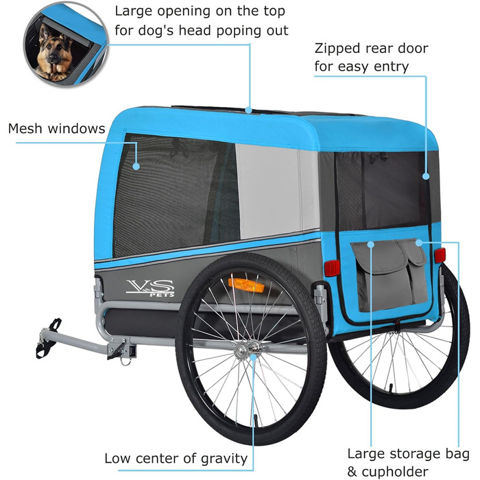 Тігго VS Pets L: великий велосипедний причіп для собак, 270л, для собак середнього та великого розміру до 35 кг, складаний, блакитний