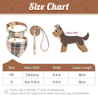 Набір аксесуарів для собак ExPawlorer: нашийник у клітинку з краваткою, рушник на шию, нашийник з дзвіночком та поводок, антизаплутування, регульований, бежевий, X-Small