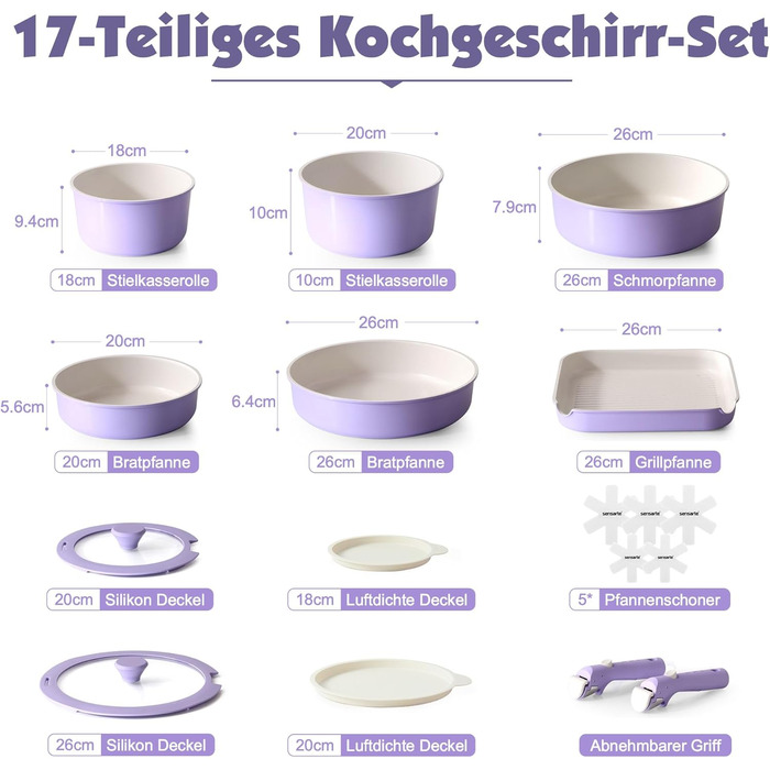 Набір посуду SENSARTE Keramik 17 предметів: каструлі, сковороди з антипригарним покриттям та знімними ручками, для всіх типів плит, можна мити в посудомийній машині та використовувати в духовці, фіолетовий колір