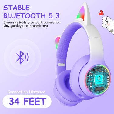 Дитячі навушники AXFEE з Bluetooth, котячі вушка, LED-підсвічування, Over-Ear, бездротові, з мікрофоном, Micro SD/TF, для телефону/планшета/ПК (#02 фіолетовий v5.3)
