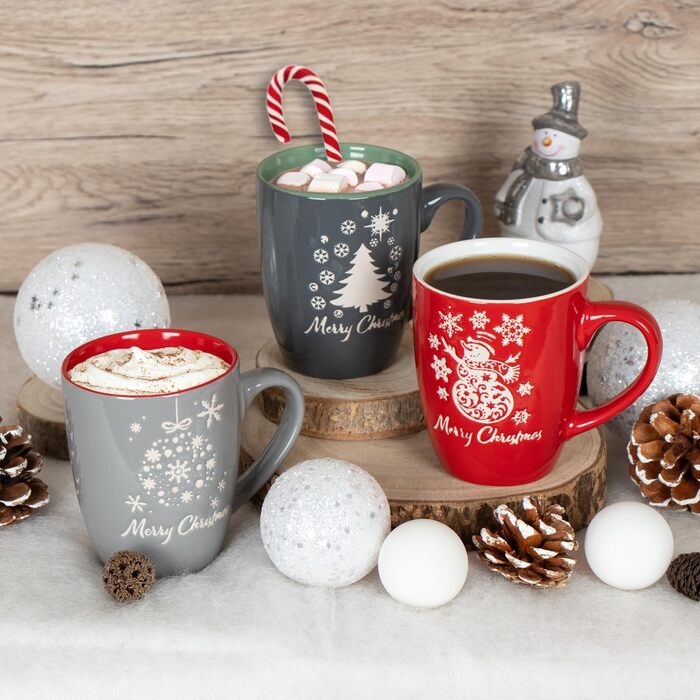 4 чашки для кави Com-Four® з кераміки, 250 мл, святковий дизайн (червоний/сірий/зелений/синій)