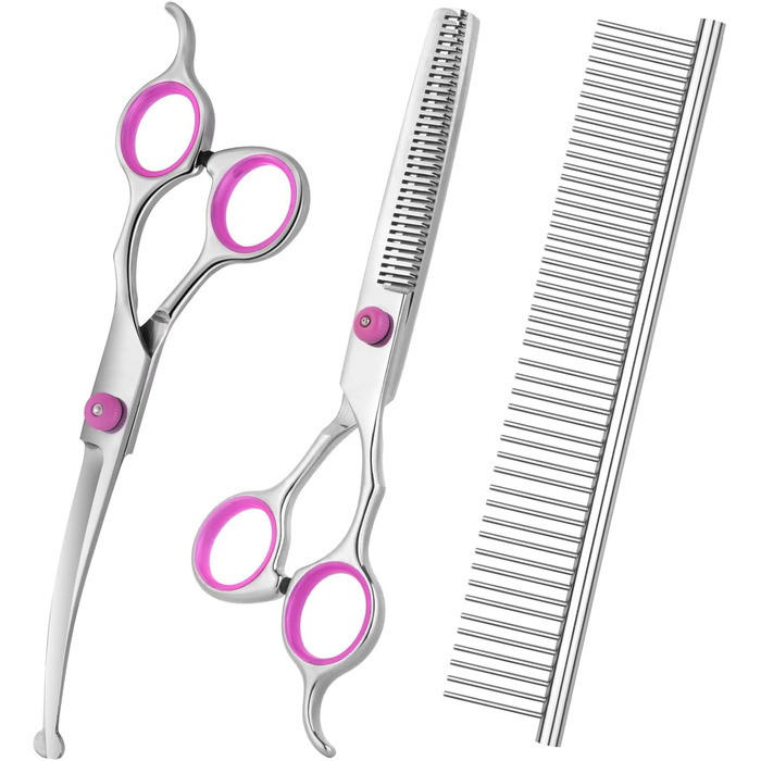 Набір професійних ножиць для грумінгу собак та котів: титанові ножиці, розріджувач, прямі ножиці з гребенем (чорний) (Рожевий)