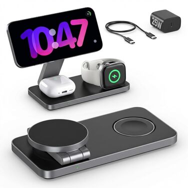 Бездротова зарядна станція 3-в-1 з Qi2.2 25W для Apple Watch та iPhone (MagSafe) + адаптер 35W, чорна