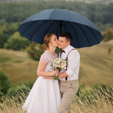 NINEMAX Large Windproof Umbrella - Wooden Handle Walking Umbrella for Men & Women - 16 Ribs Automatic Open - 2 Person Capacity (Navy Blue)