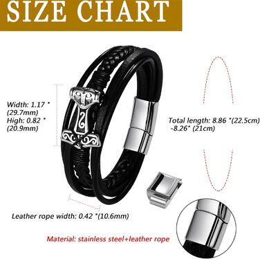 Чоловічий браслет Flongo з плетеного шкіряного шнура, стилізований під молот Тора (Муліньер), регульований, з пряжкою, амулет, подарунок для чоловіків