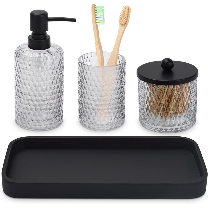 Набір аксесуарів для ванної кімнати, 4 шт., янтарне скло: диспенсер для мила, тримач для зубних щіток, контейнер для ватних паличок та піднос з штучного каміння. Організатор для стільниці, янтарний колір (прозорий та матовий чорний піднос)