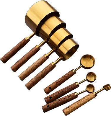 8-Piece Gold Measuring Cup and Spoon Set with Scale, BRIIEC Wooden Handle, Stainless Steel, Dry and Liquid Measuring Cups for Cooking, Baking