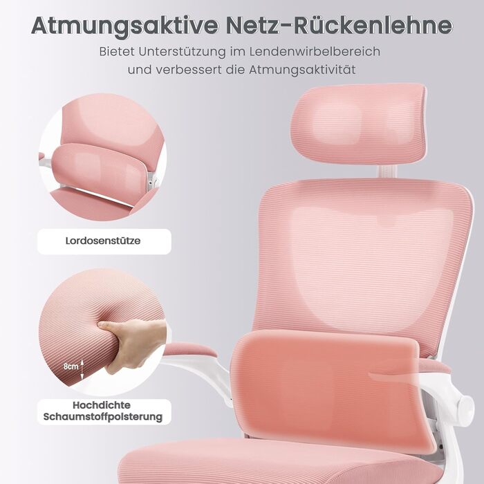 Офісний стіл Woltu: ергономічне крісло з функцією гойдання, регульована підголовник, обертові підлокітники, підтримка попереку, 150 кг, Рожевий