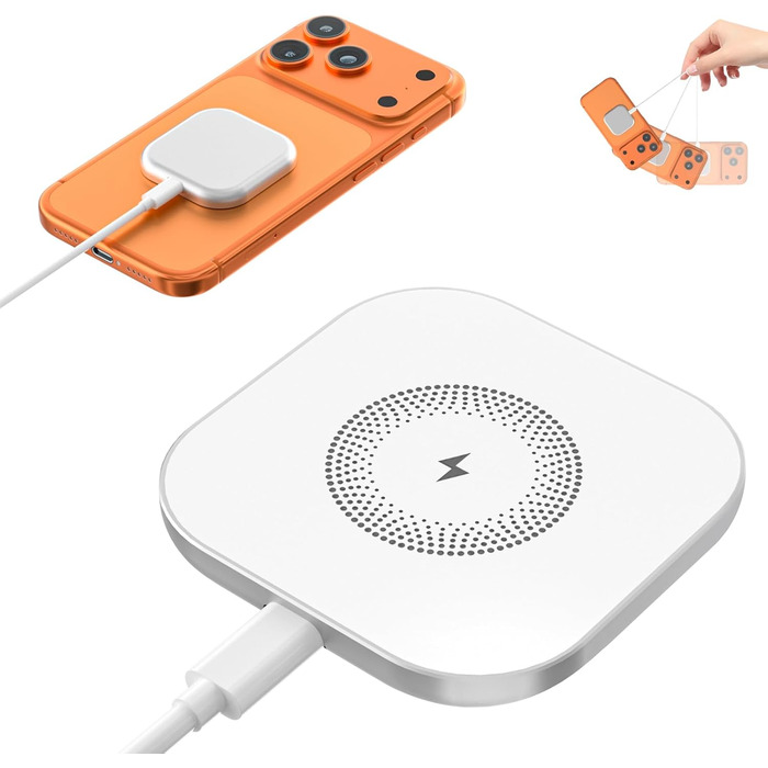 Магнітний зарядний пристрій MagSafe для iPhone: бездротова зарядка, сумісна з iPhone 17, 16, 15, 14, 13, 12, Air-Pods 4, 3, 2, Pro (білий)