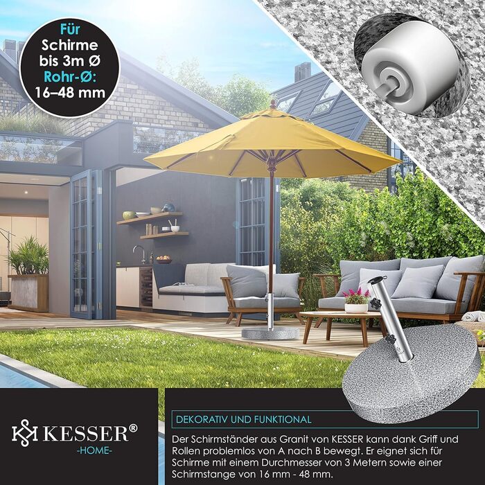 KESSER® Granit Parasol Stand with Stainless Steel Tube, High-Quality Round Base Stand 30KG - for Umbrella Poles up to 16-48 mm, Incl. Transport Handle Garden Balcony Parasol Stand, Grey