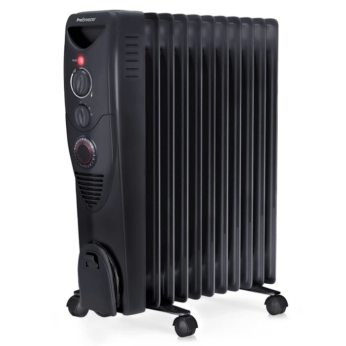 Масляний радіатор Pro Breeze 2500W, електричний обігрівач з 11 секціями, 3 режимами потужності, термостатом та таймером на 24 години, захист від перегріву та перекидання (Чорний)