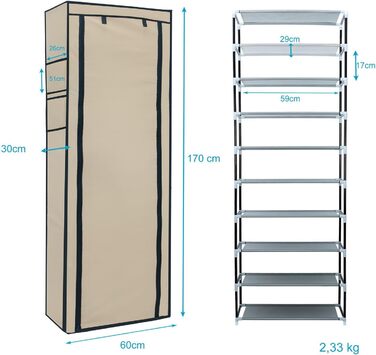 INTIRILIFE Folding Wardrobe 170x58x28 cm - with Zipper Fabric Wardrobe Clothes Rack Shoe Shelf with 9 Storage Compartments - Camping Folding Cabinet Textile Wardrobe (Creme Beige)