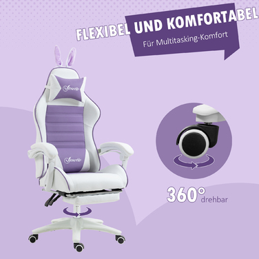 Ігрове крісло Vinsetto Ergonomic Gaming Chair з підтримкою попереку, підставкою для ніг, ігровий диван з вушками, подушкою для голови, офісне крісло з регульованою спинкою та функцією відкидання, фіолетовий | Aosom