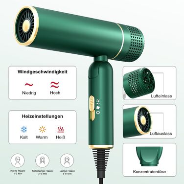 Фен для волосся 7MAGIC з концентратором, компактний туристичний фен, 1600W, зелений