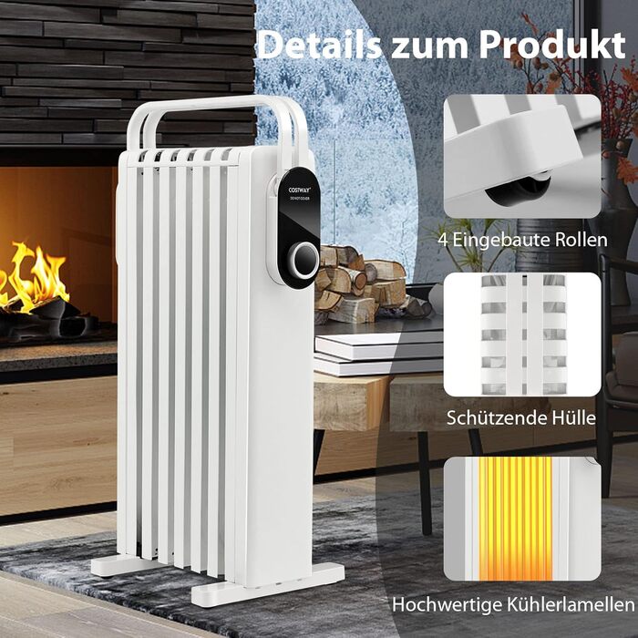 Масляний радіатор COSTWAY 1500W з 7 ребрами, 5-35°C, 3 режими нагріву, мобільний, з захистом від перегріву, білий