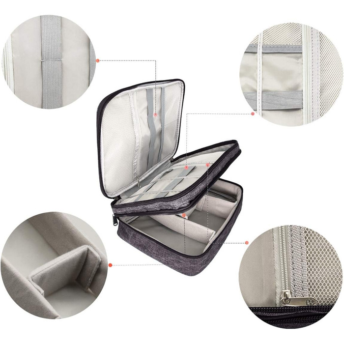 Водонепроникна сумка-органайзер для кабелів та електроніки Ruyosn. Двошарова сумка для кабелів, Power Bank та аксесуарів. Сіра, універсальний розмір.