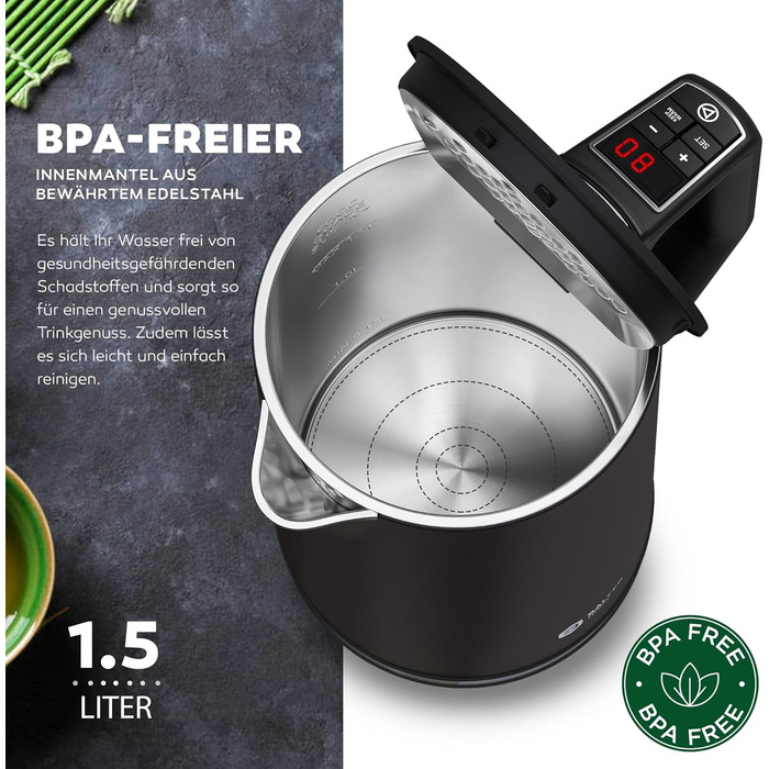 Balter Stainless Steel Electric Kettle with Temperature Control - 40°C to 100°C, Double Wall, BPA Free, 1.7L, 2200W, Quiet Kettle - Dark Grey
