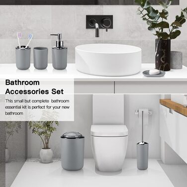 Набір аксесуарів для ванної кімнати Otostar сірого кольору: бамбук, тримач для ватних паличок, дозатор мила, тримач для зубних щіток, миска для мила, тримач для унітазу, сміттєвий бак, пластик (6 предметів)