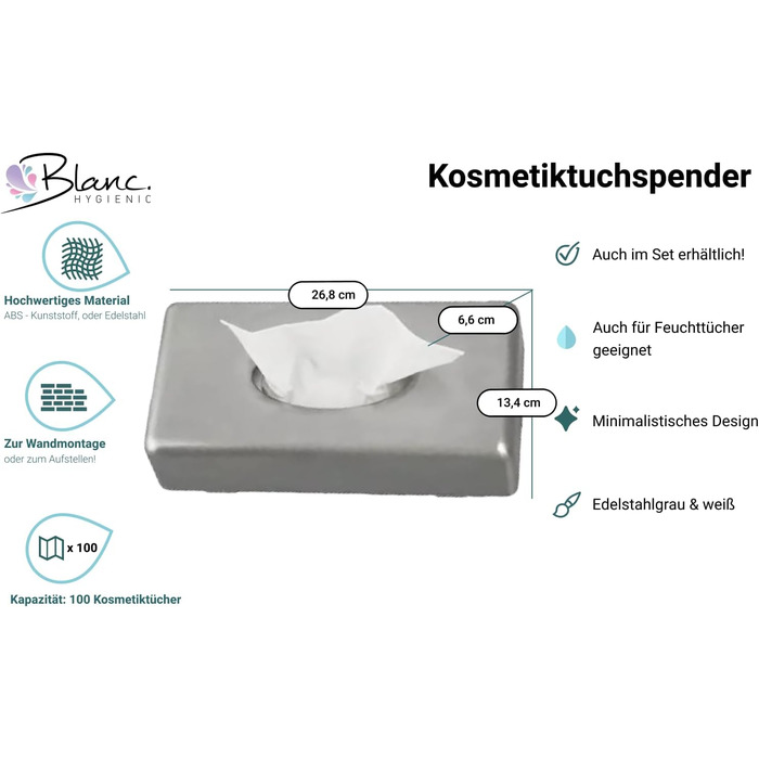 Blanc HYGIENIC Cosmetic Tissue Dispenser Futura – Wall-Mountable Tissue Dispenser, Dispenser for Cosmetic and Wet Wipes, Capacity 100 Sheets, Brushed Stainless Steel