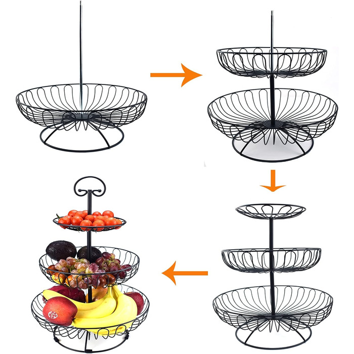 Металевий кошик для фруктів та овочів з ручкою для кухні/балкону, 3 яруси, великий, з нержавіючої сталі, з 360° циркуляцією повітря (чорний, 45 см висота, Ø30-24-16.5 см)