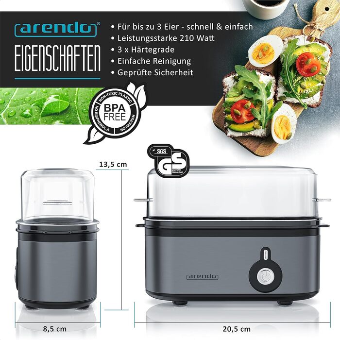 Електричний яйцеварка Arendo Threecook з нержавіючої сталі - 1-3 яйця, регулювання ступеня готовності, BPA-free, сірий колір