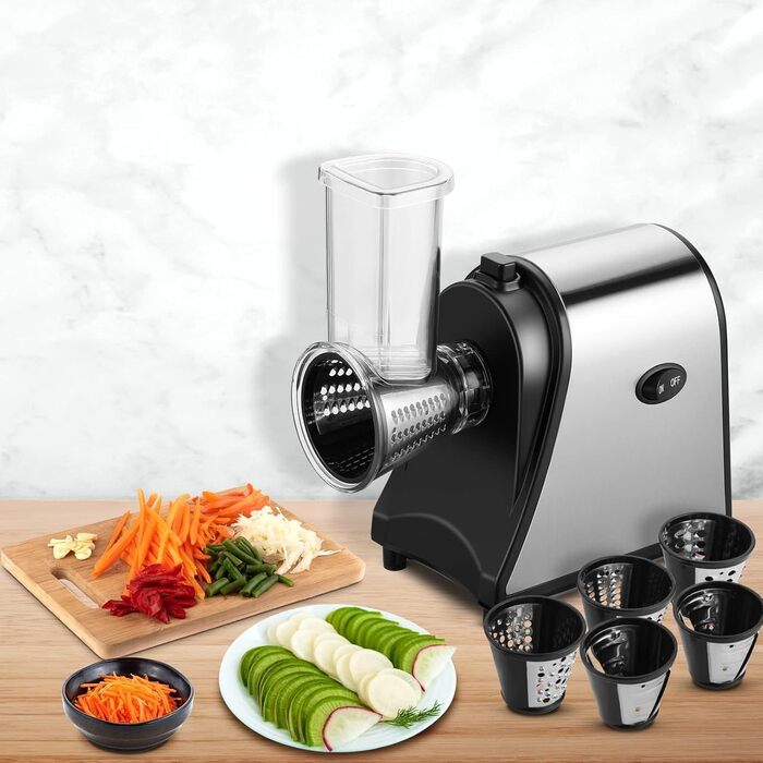 Електричний овочевий слайсер COOCHEER з нержавіючої сталі, 250W. Багатофункціональний подрібнювач з 5 лезами для овочів, сиру, картоплі, моркви, цибулі. Чорний.