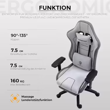 Ігрове крісло Dowinx з тканини XXL, ергономічне, з масажем, 4D підлокітники, підніжка, сіре, для ПК та офісу