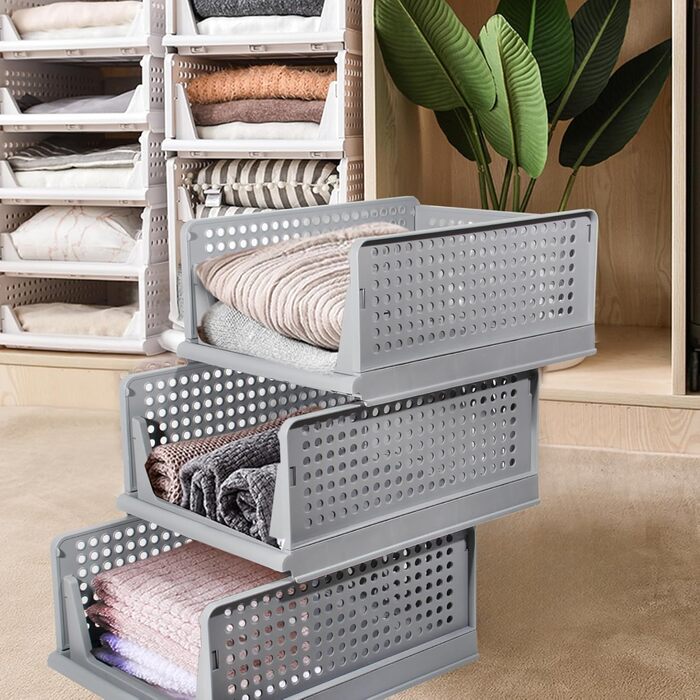 Closet Organizer 3-Piece Set, Folding Storage Boxes, Organization System for Drawers, Lockers, Closets (White) (Gray)