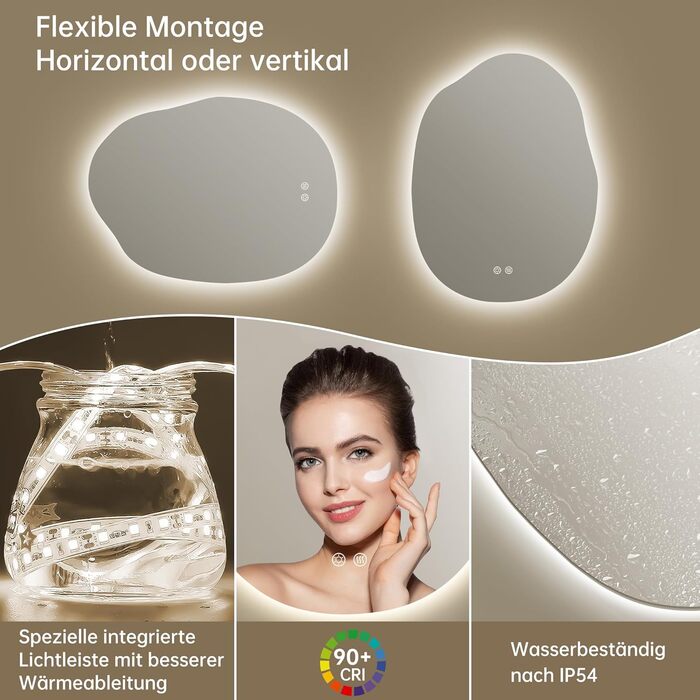 Дзеркало для ванної кімнати з підсвічуванням, арочне, без рами, 50x75 см. Антизапарник, сенсорне управління, регулювання яскравості, 3 кольори світла