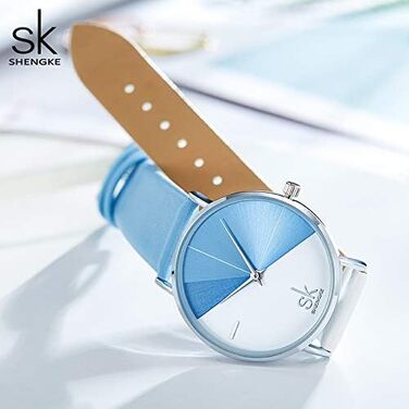 Жіночий наручний годинник SHENGKE K0095 зі шкіряним ремінцем, синій з білим