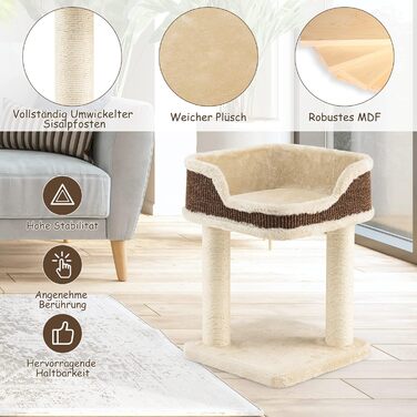 COSTWAY Cat Tree Small, Cat Tree with Large Plush Seat, Wooden Cat Scratching Post, Cat Furniture Climbing Tree, Activity Tree Play Tree, Natural Sisal Tower with Scratching Posts (Beige)