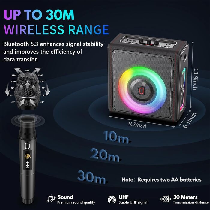 Караоке машина HWWR з 2 бездротовими мікрофонами, портативна Bluetooth 5.3 акустика з RGB-підсвіткою, PA-система для вечірок, Partybox, TWS, чорний