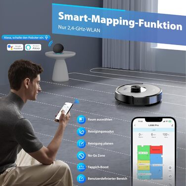 Робот-пилосос з функцією миття підлоги Tikom L8000 Pro, 6000Pa, LiDAR, 150 хв, APP, 14 зон, для шерсті тварин, килимів та твердих підлог, чорний