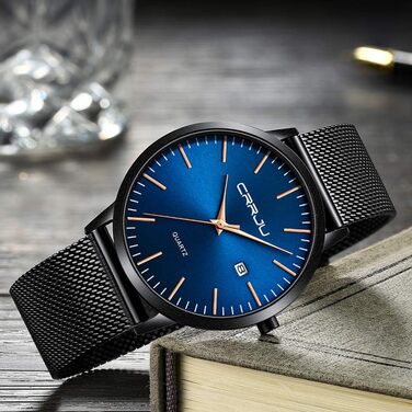 Годинник чоловічий CRRJU ультратонкий водонепроникний з чорним міланським браслетом з нержавіючої сталі, кварцовий, аналоговий, бізнес-стиль, чоловічий годинник, колір - синій