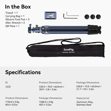 Штатив SMALLRIG для камери з компактною центральною колоною, 360° кульковою головкою, QR-пластиною, вантажопідйомністю до 8 кг, для DSLR-камер -4222B