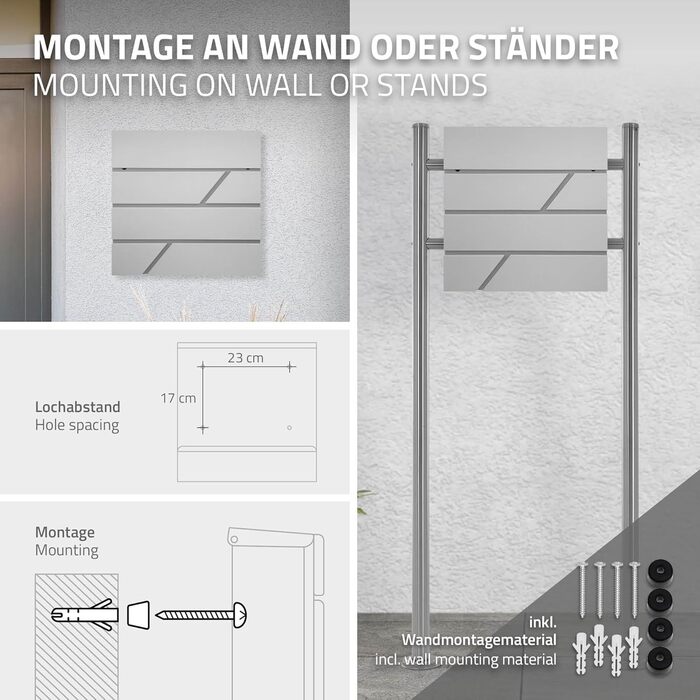 Поштовий ящик ECD Germany з газетницею, нержавіюча сталь, світло-сірий, 37x11x37 см, з 2 ключами, монтажний комплект, сучасний дизайн