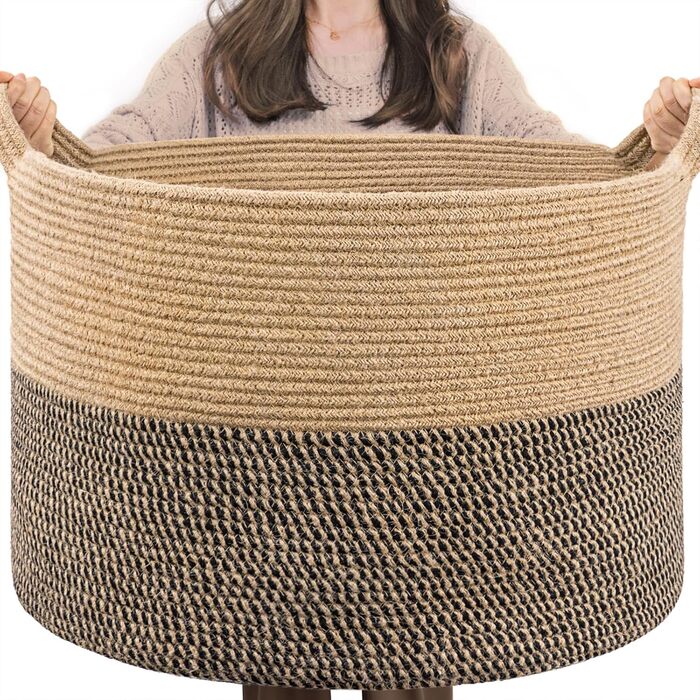 TIMEYARD Storage Basket, Storage Basket for Kids, Children's Laundry Basket, Large Christmas Tree Basket, Basket for Blankets, Baby Toys, Woven Basket, 55x35cm, Black & Jute
